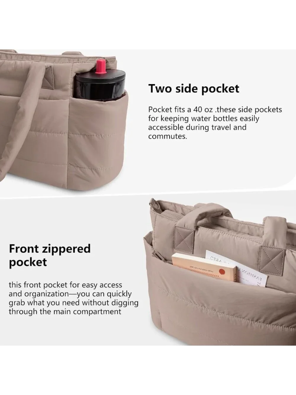 👜Women's Deep Khaki Quilted Puffer Tote Bag Lightweight Work For Travel Handbag